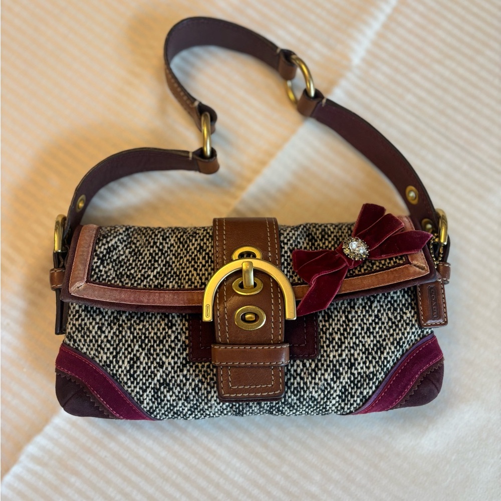 Vintage Y2K Coach Tweed, Suede, and Velvet Bow SoHo Shoulder Bag